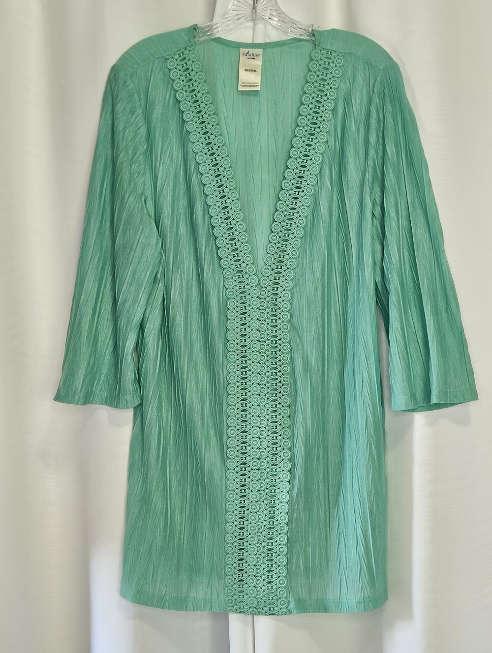 Catalina teal cream tunic style swim cover up crochet trim 1X beach pool lake